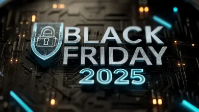 Black Friday 2025 graphic with a security shield and padlock icon.