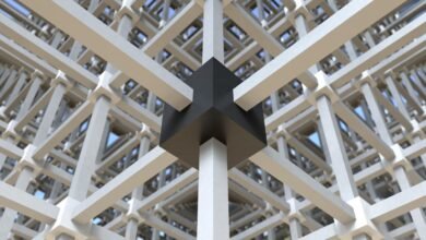 Abstract geometric structure with white beams and a central black cube.