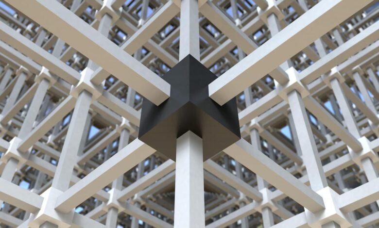 Abstract geometric structure with white beams and a central black cube.