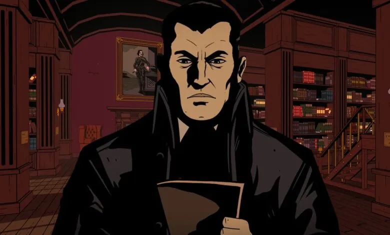 A stern man in a black coat stands in a dimly lit library with bookshelves.