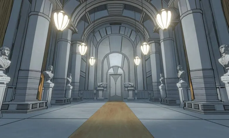 Grand hallway with marble busts, columns, and ornate lighting fixtures.