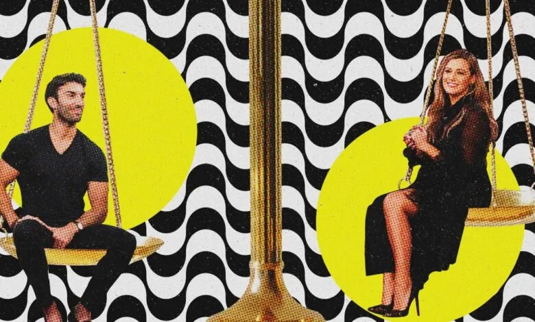 Man and woman on swings with yellow circles against a black and white wavy background.