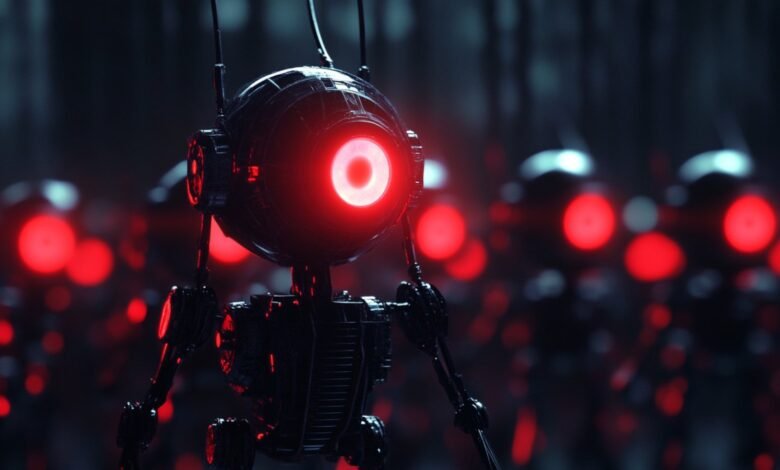 Close-up of a black robot with a glowing red eye in a dark setting.