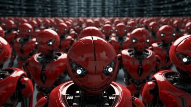 A large group of identical red robots with glowing white eyes stand in formation.