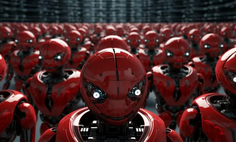 A large group of identical red robots with glowing white eyes stand in formation.