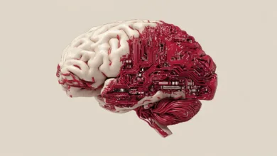 Human brain with half organic and half red circuit board design.