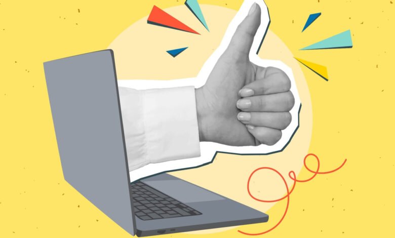 A hand giving a thumbs up emerges from a laptop screen on a yellow background.