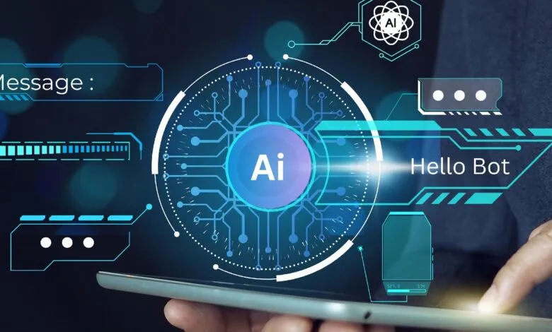 Close-up of a hand interacting with a futuristic AI interface on a smartphone.