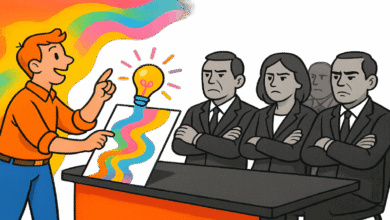 A creative marketer presents a colorful idea to unimpressed finance executives.