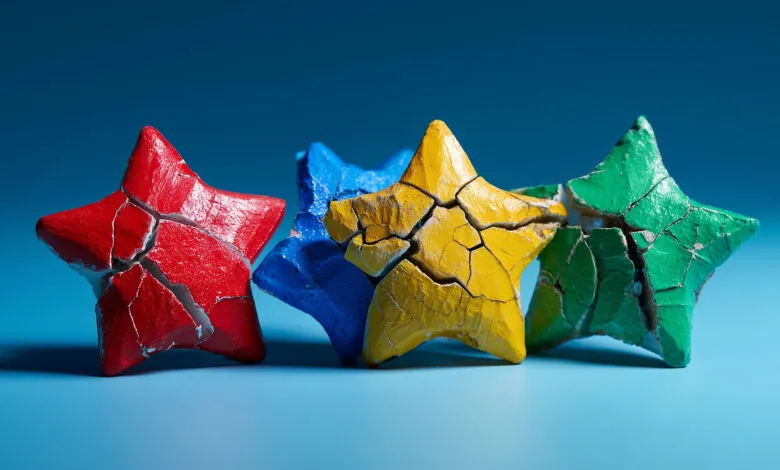 Several cracked star-shaped objects in red, blue, yellow, and green against a blue background.