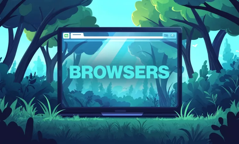 Laptop screen displaying the word BROWSERS in a forest setting.