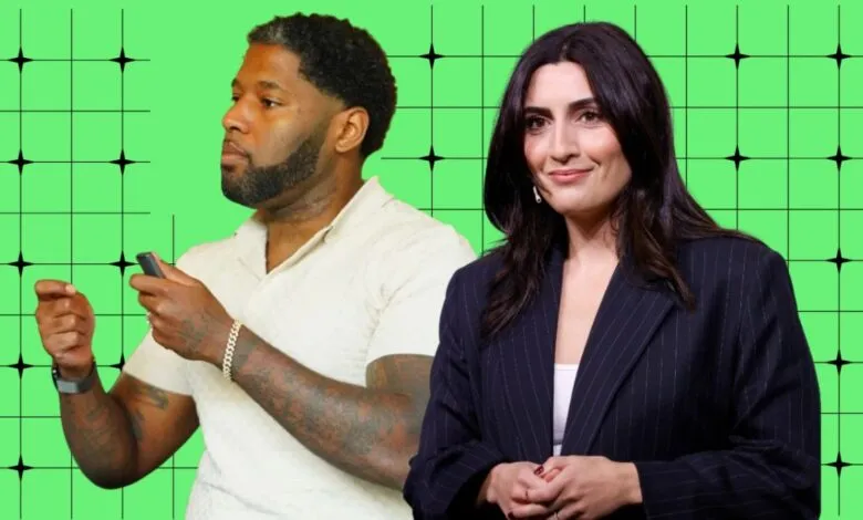 Man holding a phone and woman in a pinstripe suit against a green grid background