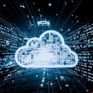 Glowing cloud icon surrounded by digital data streams and technology symbols.