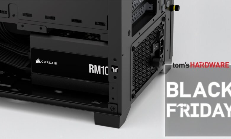 Corsair RM1000x power supply inside a PC case, Black Friday sale.