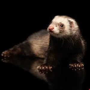 Close-up of a sable ferret with a white face lying on a reflective black surface.