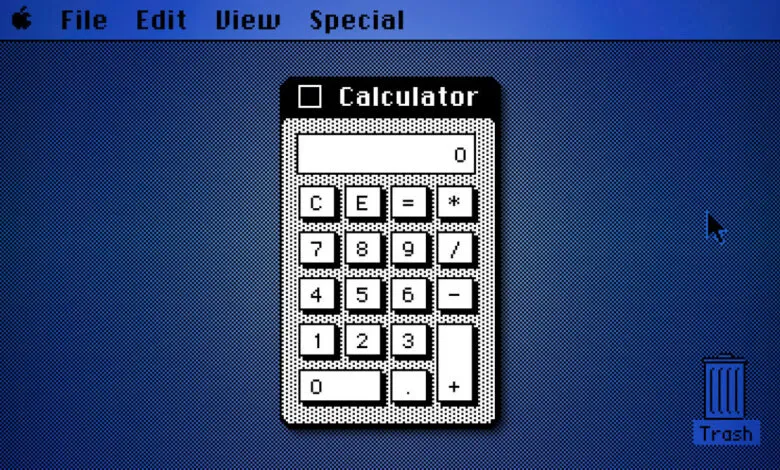 Retro computer desktop with a calculator application open and a trash icon.