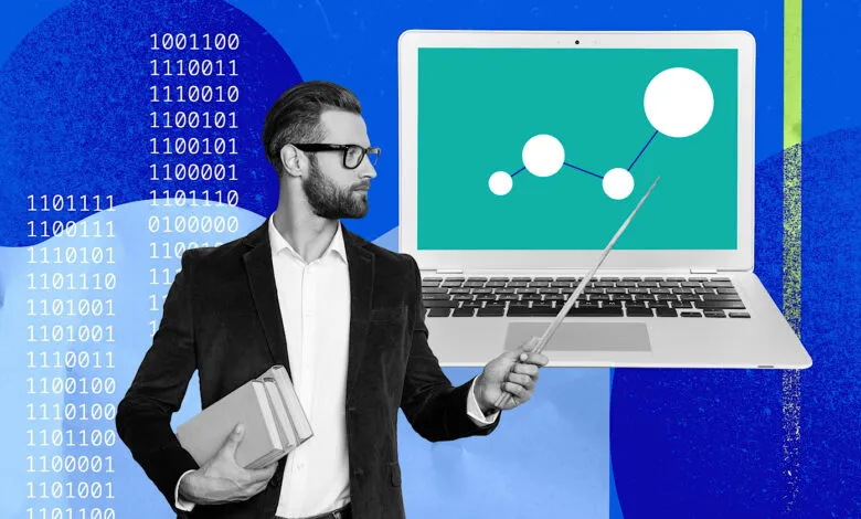 Man with books and pointer stands next to laptop displaying a graph.