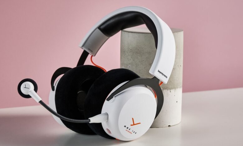 White Beyerdynamic MMX 150 wireless gaming headset with microphone.
