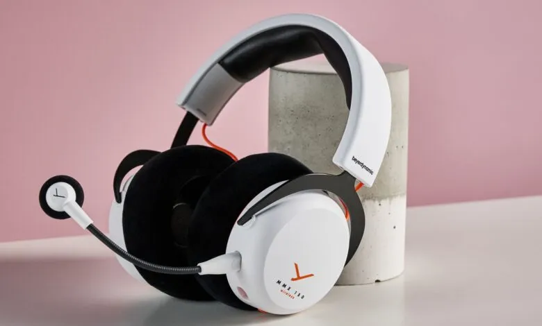 White Beyerdynamic MMX 150 wireless gaming headset with microphone.