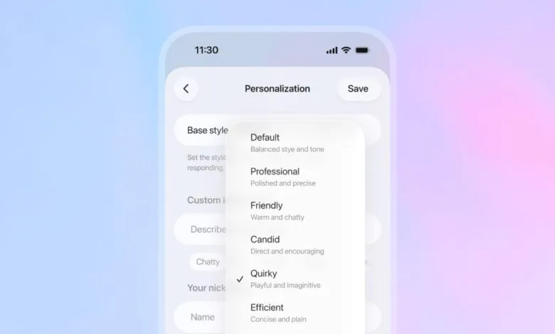 Mobile app screen showing personalization options for AI personality styles.