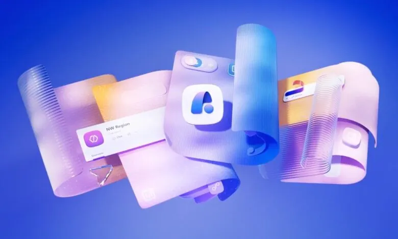 Abstract 3D render of UI elements and app icons floating on a blue background.