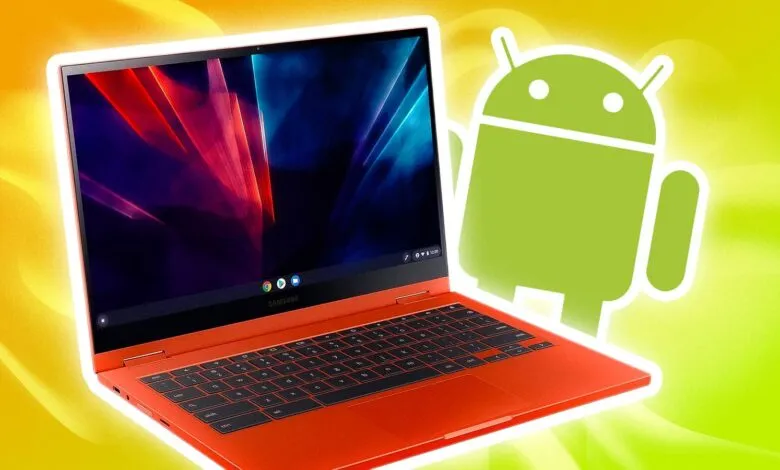 Orange Samsung Chromebook with Android logo on a vibrant yellow-green background.