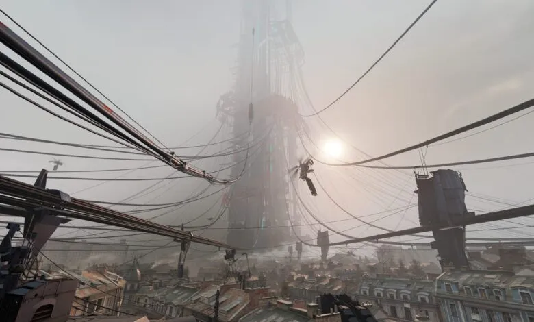 A sprawling cityscape dominated by a colossal, fog-shrouded tower and a dense network of cables.