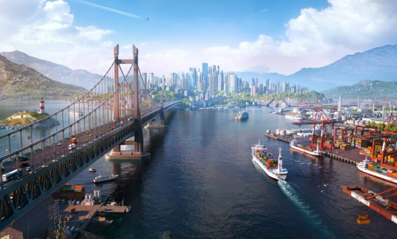 A bustling harbor city with a suspension bridge, cargo ships, and a distant skyline.