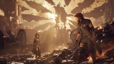 Two characters stand in a desolate, rocky landscape with a crumbling tower and floating debris.