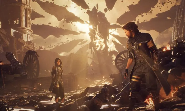 Two characters stand in a desolate, rocky landscape with a crumbling tower and floating debris.