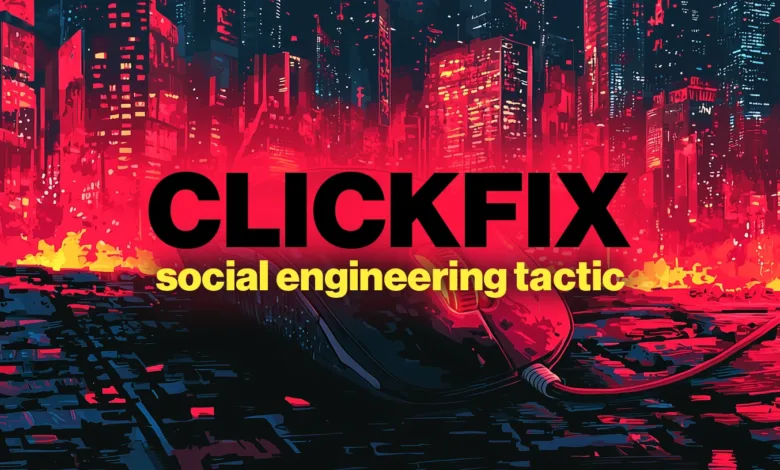 Computer mouse on a keyboard with a city skyline in the background, text reads CLICKFIX social engineering tactic.