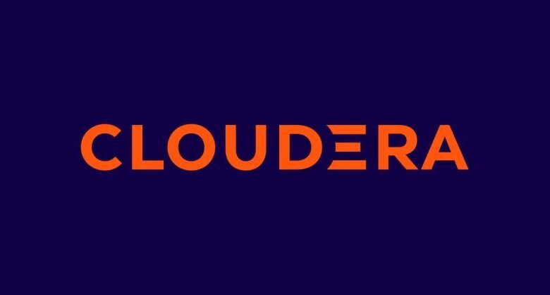The Cloudera logo in orange text on a dark blue background.
