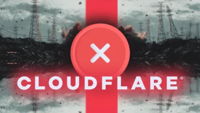 Cloudflare logo with a red 'X' symbol against a backdrop of power lines and smoke.