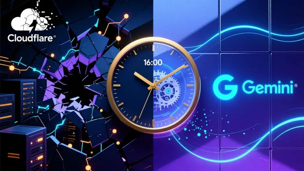 Cloudflare and Gemini logos with a clock and server racks, symbolizing technology and time.