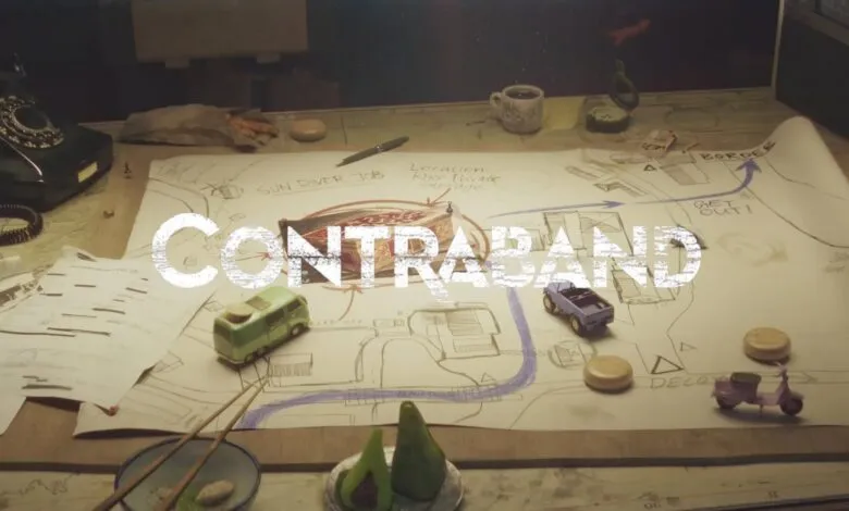 A detailed map with miniature vehicles and the word CONTRABAND overlaid.