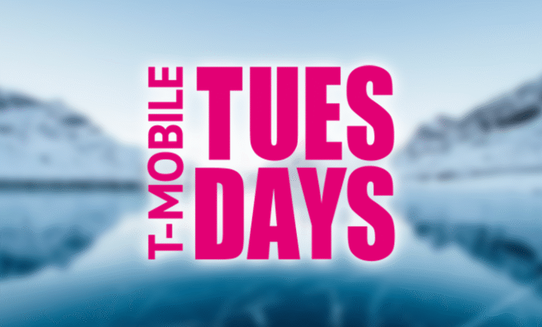 T-Mobile Tuesdays logo in bright pink text over a blurred winter landscape.