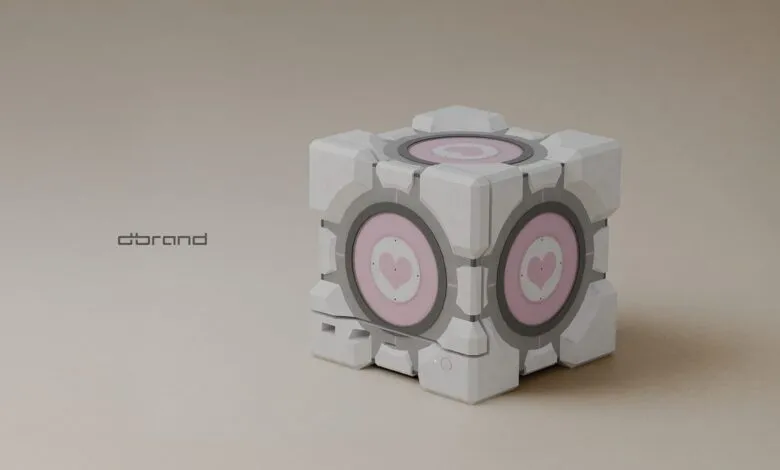 A white and gray cube with pink heart emblems, a dbrand logo is visible on the left.