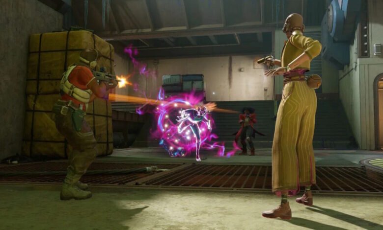 Two characters in a futuristic setting engage in a battle with glowing energy effects.