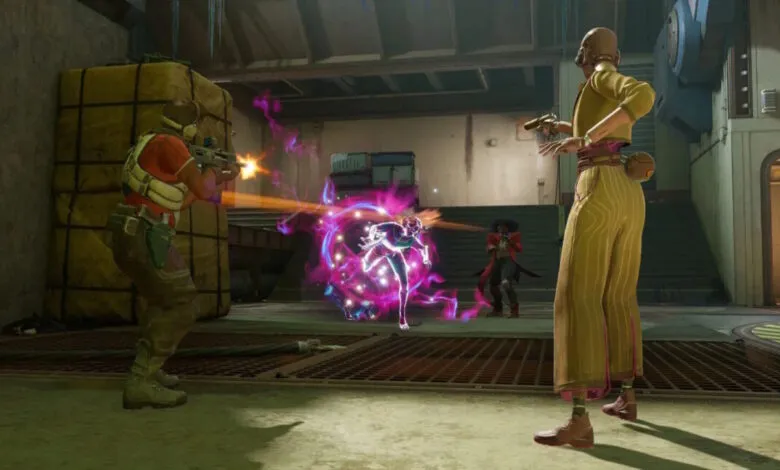 Two characters in a futuristic setting engage in a battle with glowing energy effects.