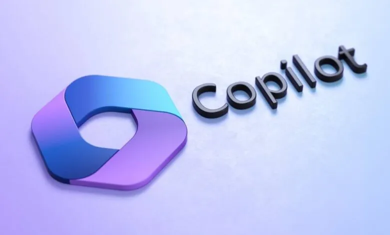 Copilot logo with blue and purple ribbon design and black text.