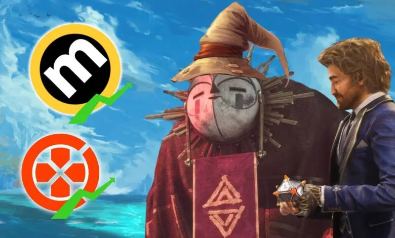 Man in suit holding a futuristic device near a masked figure with logos and growth arrows.