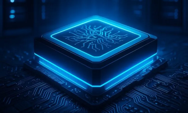 Glowing blue computer chip on a circuit board.