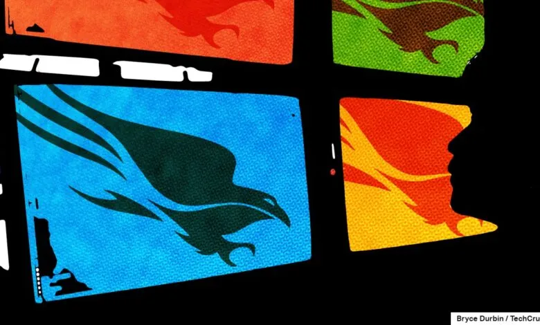 Abstract graphic with stylized bird and human profile in vibrant colors.