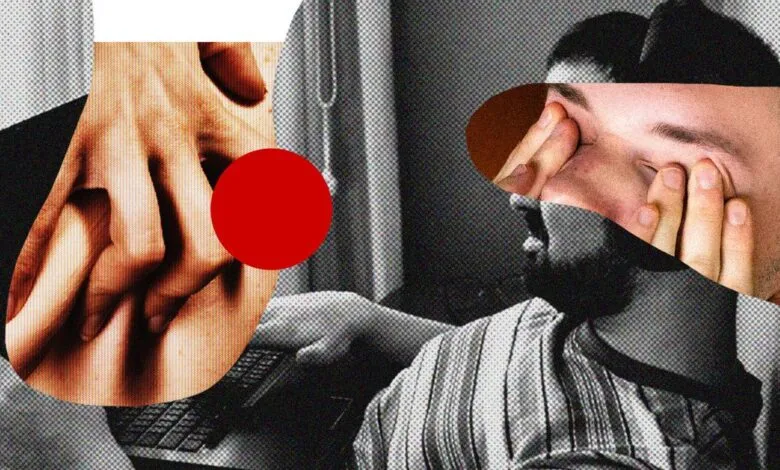 Close-up of hands on a keyboard and a person rubbing their eyes, with a red circle overlay.