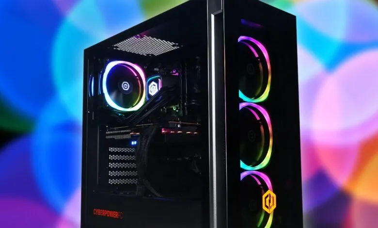 CyberPowerPC gaming computer with RGB lighting and blurred colorful background