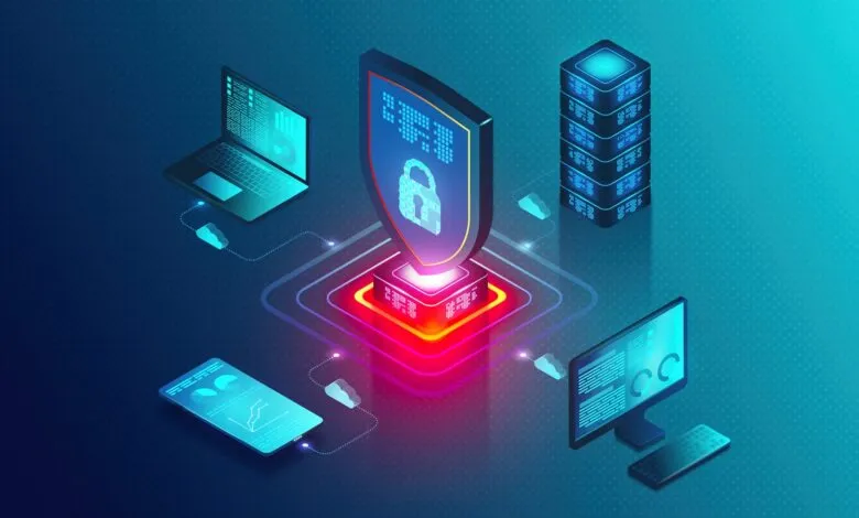 Isometric view of devices connected to a central security shield.