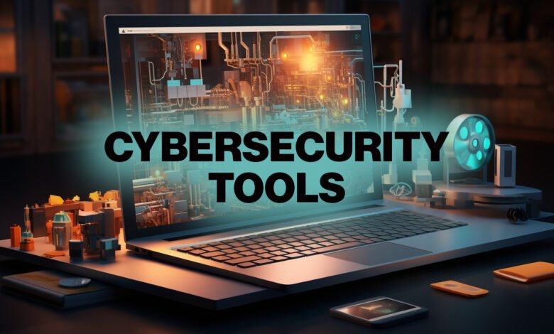 Laptop displaying complex network diagrams with the words CYBERSECURITY TOOLS prominently displayed.