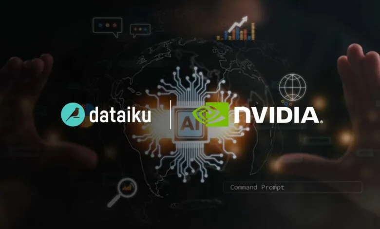 Dataiku and Nvidia logos with AI circuit board overlay on a dark background.