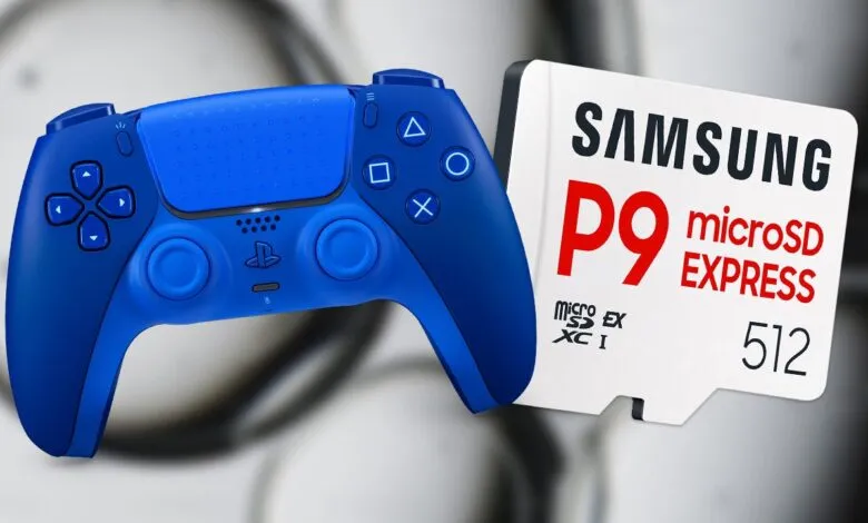 Blue PlayStation 5 DualSense controller next to a Samsung P9 microSD card.