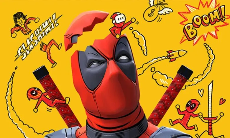 Deadpool character with cartoonish action elements and sound effects on a yellow background.